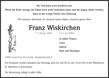 Anzeige von Franz Wiskirchen von  Blickpunkt Euskirchen 