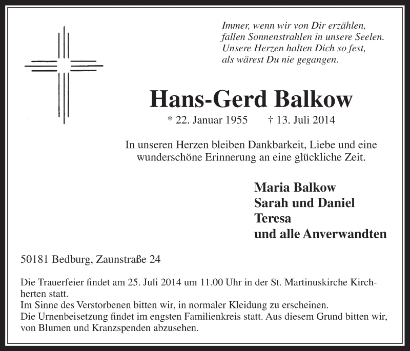 Traueranzeige für Hans-Gerd Balkow vom 23.07.2014 aus  Werbepost 