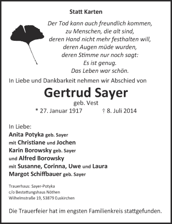 Anzeige von Gertrud Sayer von  Blickpunkt Euskirchen 