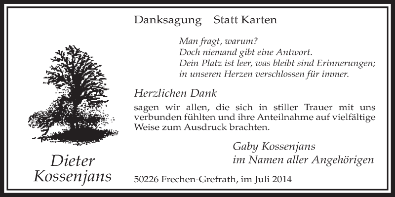  Traueranzeige für Dieter Kossenjans vom 19.07.2014 aus  Sonntags-Post 