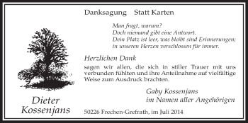 Anzeige von Dieter Kossenjans von  Sonntags-Post 