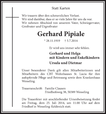 Anzeige von Gerhard Pipiale von  Schlossbote/Werbekurier 