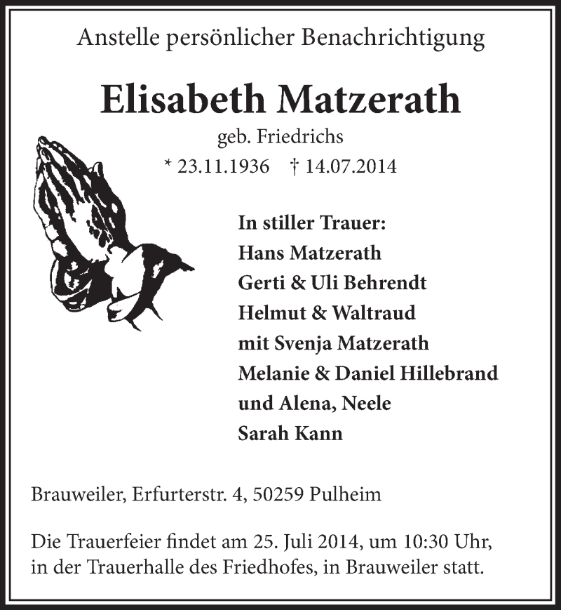  Traueranzeige für Elisabeth Matzerath vom 19.07.2014 aus  Sonntags-Post 