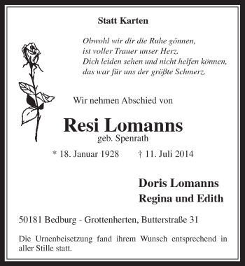 Anzeige von Resi Lomanns von  Werbepost 