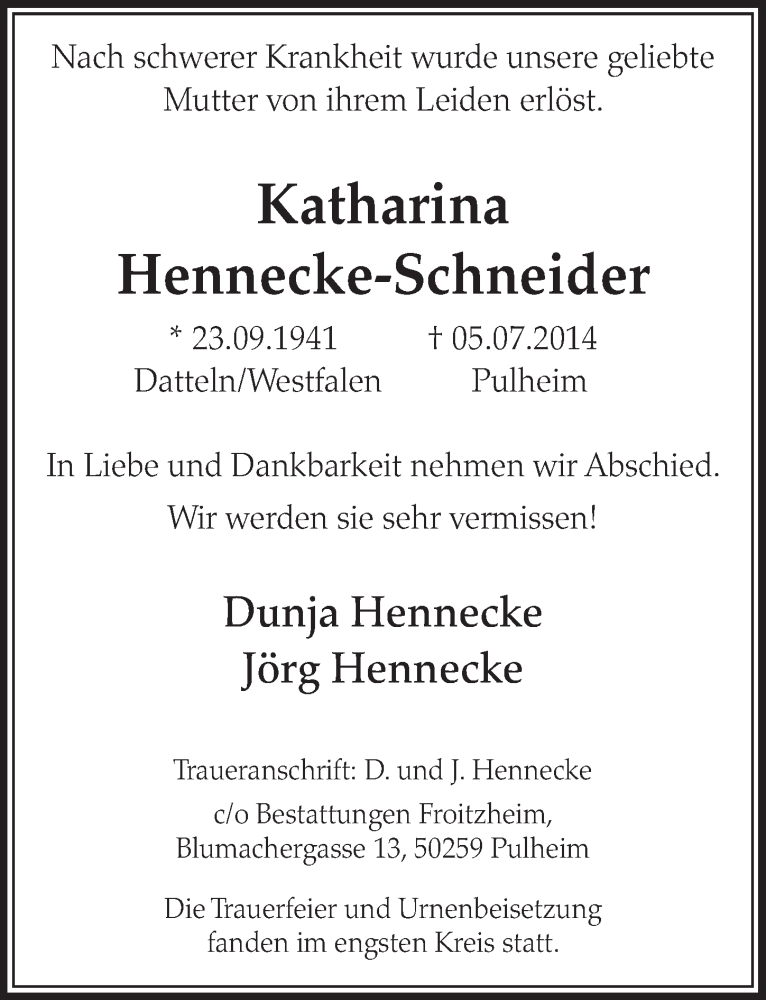  Traueranzeige für Katharina Hennecke-Schneider vom 19.07.2014 aus  Sonntags-Post 