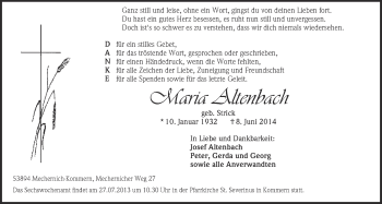 Anzeige von Maria Altenbach von  Blickpunkt Euskirchen 