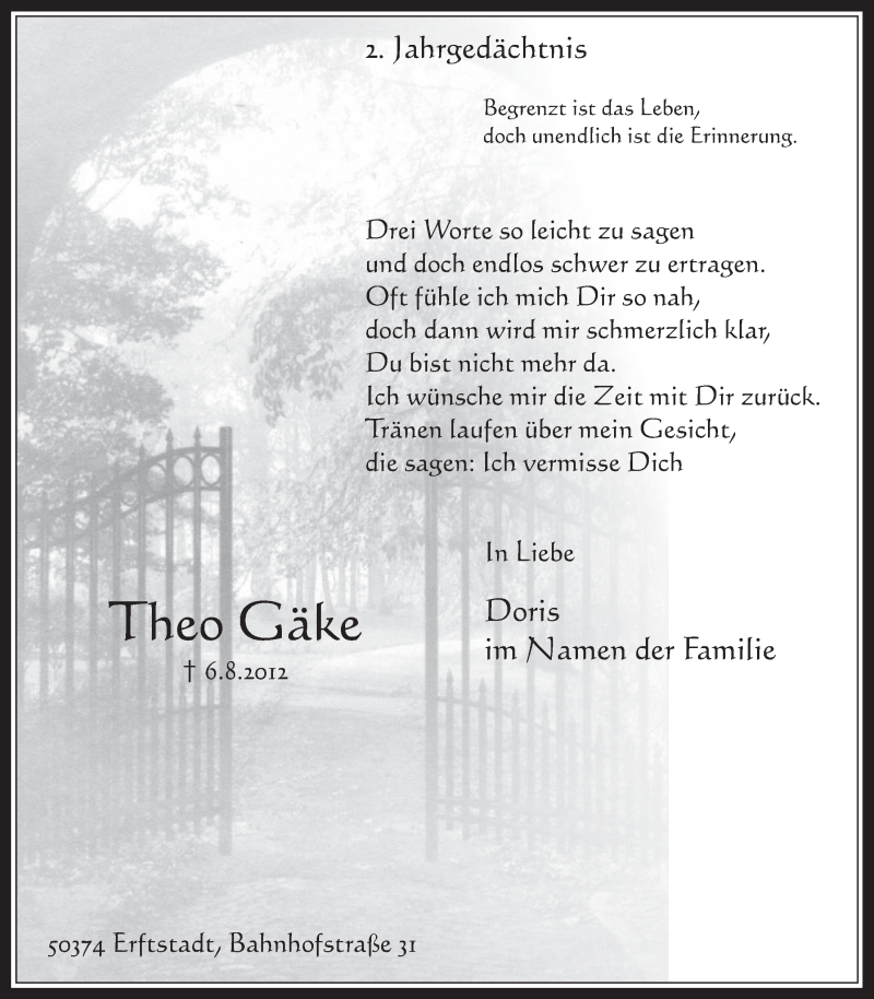  Traueranzeige für Theo  Gäke vom 06.08.2014 aus  Werbepost 