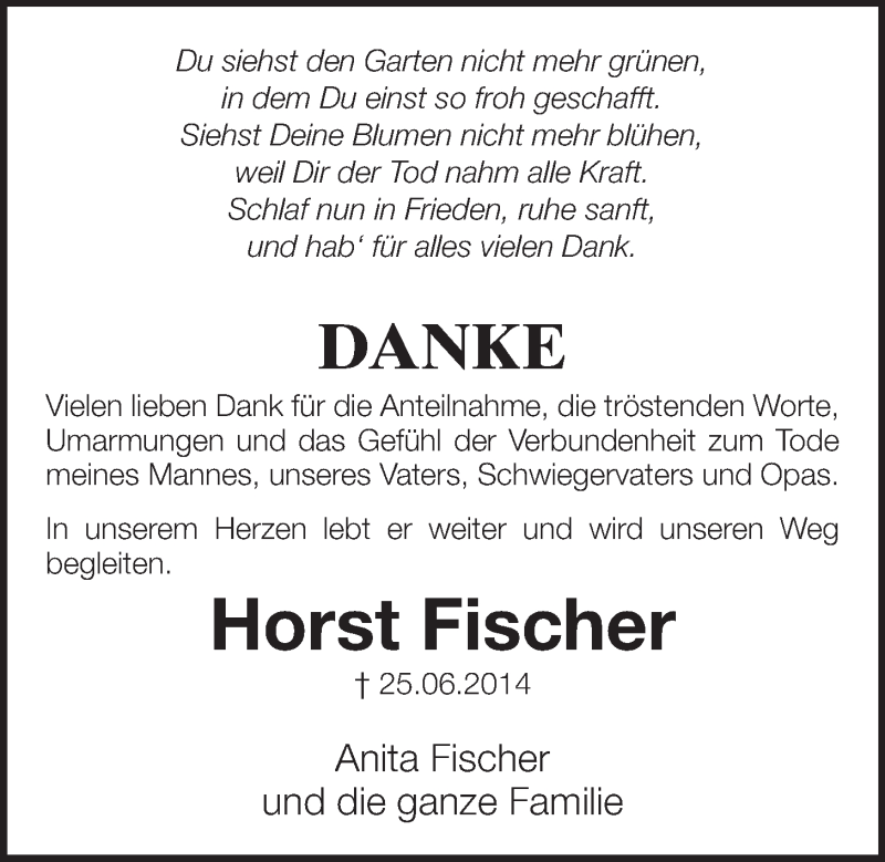  Traueranzeige für Horst Fischer vom 23.07.2014 aus  Schlossbote/Werbekurier 