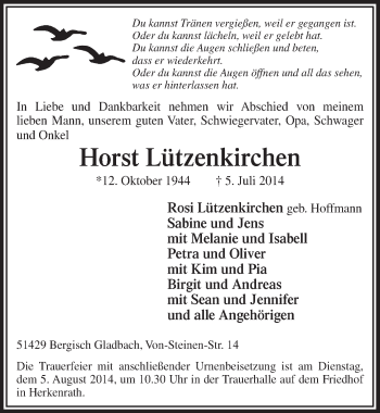 Anzeige von Horst Lützenkirchen von  Bergisches Handelsblatt 