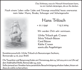 Anzeige von Hans Triltsch von  Schlossbote/Werbekurier 