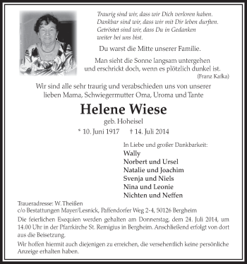 Anzeige von Helene Wiese von  Sonntags-Post 