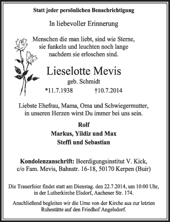 Anzeige von Lieselotte Mevis von  Sonntags-Post 