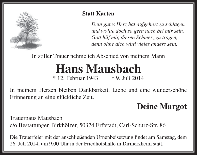  Traueranzeige für Hans Mausbach vom 23.07.2014 aus  Werbepost 