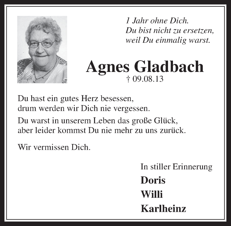  Traueranzeige für Agnes Gladbach vom 06.08.2014 aus  Wochenende 