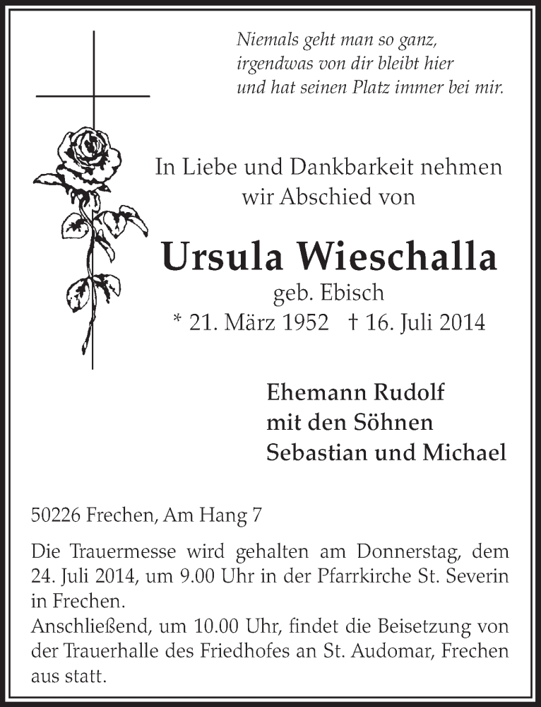  Traueranzeige für Ursula Wieschalla vom 19.07.2014 aus  Sonntags-Post 