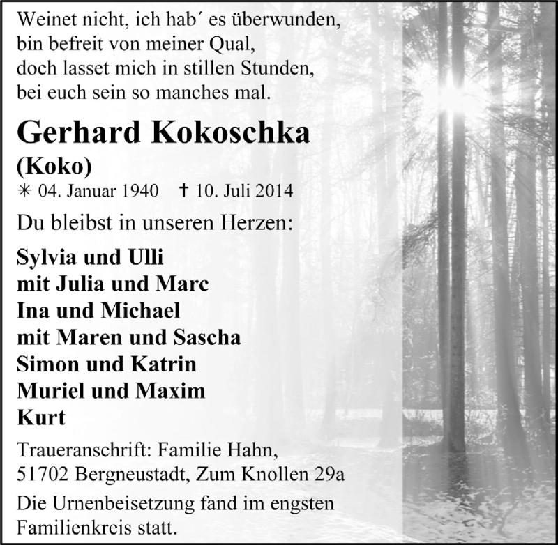  Traueranzeige für Gerhard Kokoschka vom 23.07.2014 aus  Anzeigen Echo 