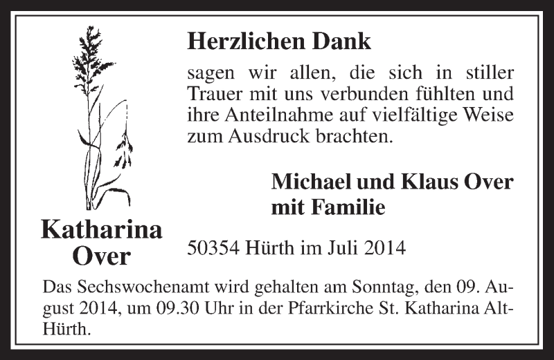  Traueranzeige für Katharina Over vom 23.07.2014 aus  Wochenende 