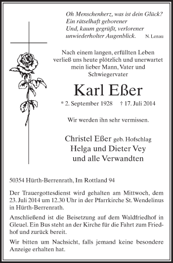 Anzeige von Karl Eßer von  Sonntags-Post 