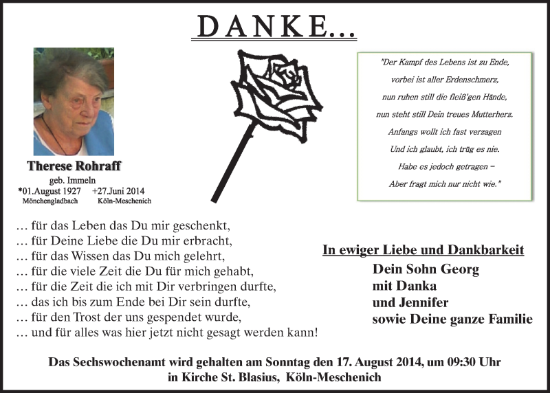  Traueranzeige für Therese Rohraff vom 30.07.2014 aus  Schlossbote/Werbekurier 