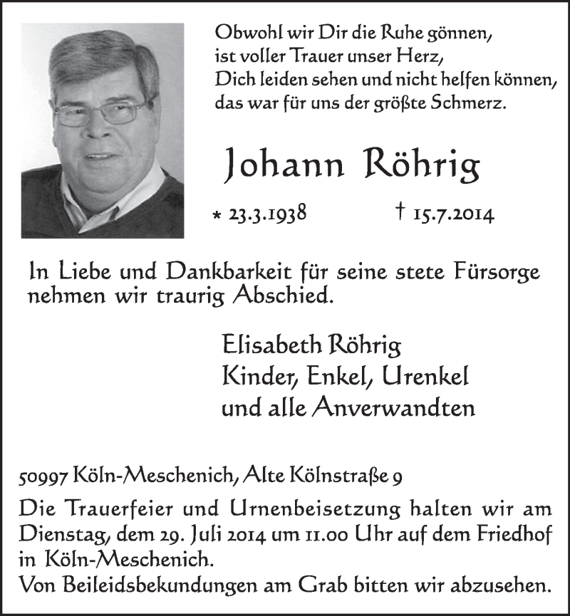  Traueranzeige für Johann Röhrig vom 23.07.2014 aus  Schlossbote/Werbekurier 
