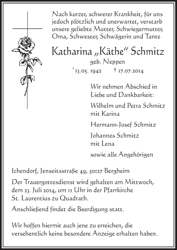 Anzeige von Katharina Schmitz von  Sonntags-Post 
