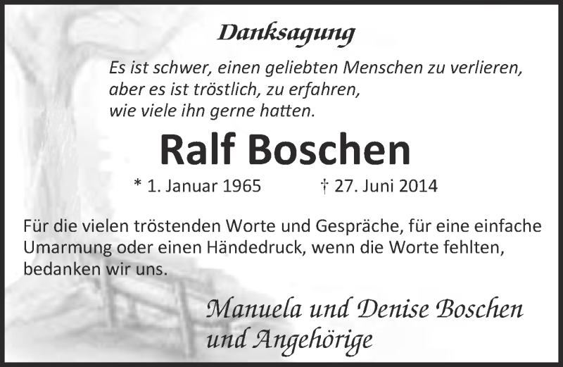  Traueranzeige für Ralf Boschen vom 23.07.2014 aus  Kölner Wochenspiegel 