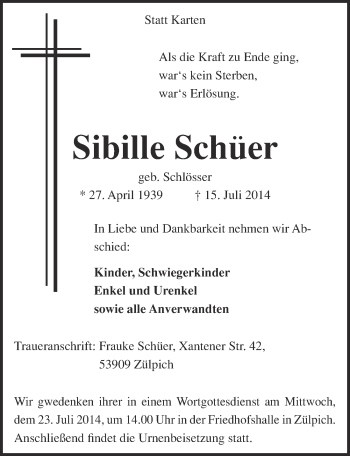 Anzeige von Sibille Schüer von  Blickpunkt Euskirchen 