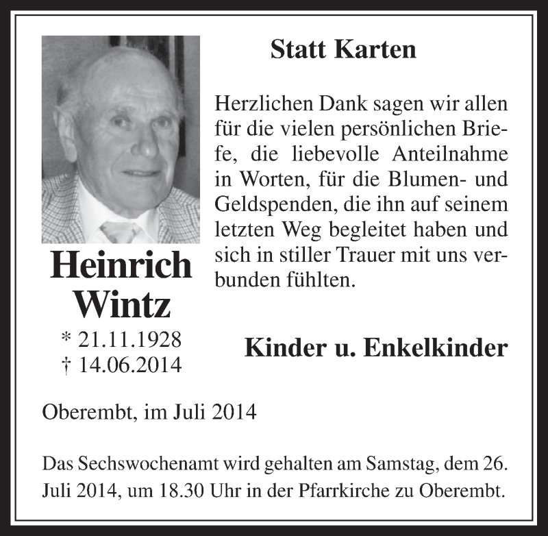  Traueranzeige für Heinrich Wintz vom 23.07.2014 aus  Werbepost 