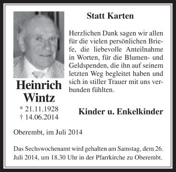 Anzeige von Heinrich Wintz von  Werbepost 