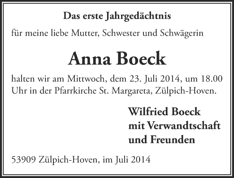  Traueranzeige für Anna Boeck vom 20.07.2014 aus  Blickpunkt Euskirchen 