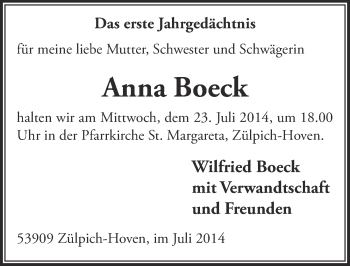 Anzeige von Anna Boeck von  Blickpunkt Euskirchen 