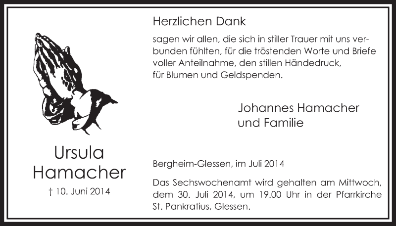  Traueranzeige für Ursula Hamacher vom 26.07.2014 aus  Sonntags-Post 