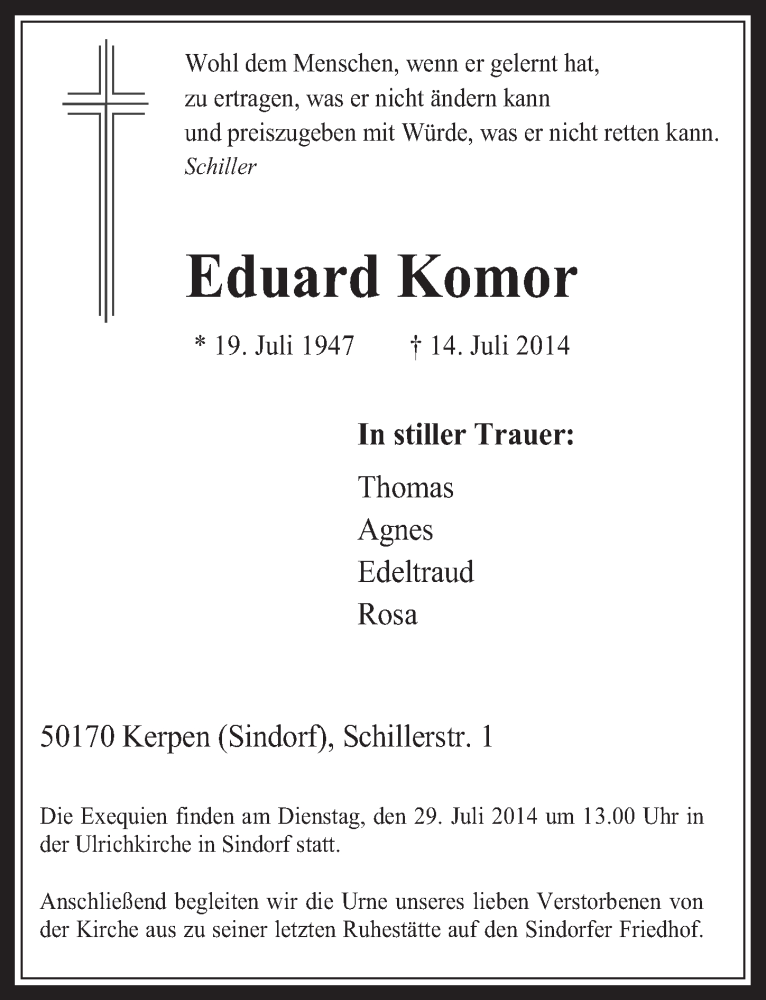  Traueranzeige für Eduard Komor vom 23.07.2014 aus  Werbepost 