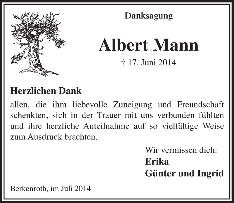  Traueranzeige für Albert Mann vom 23.07.2014 aus  Lokalanzeiger 