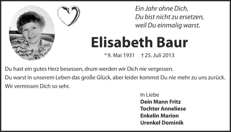  Traueranzeige für Elisabeth Baur vom 23.07.2014 aus  Kölner Wochenspiegel 