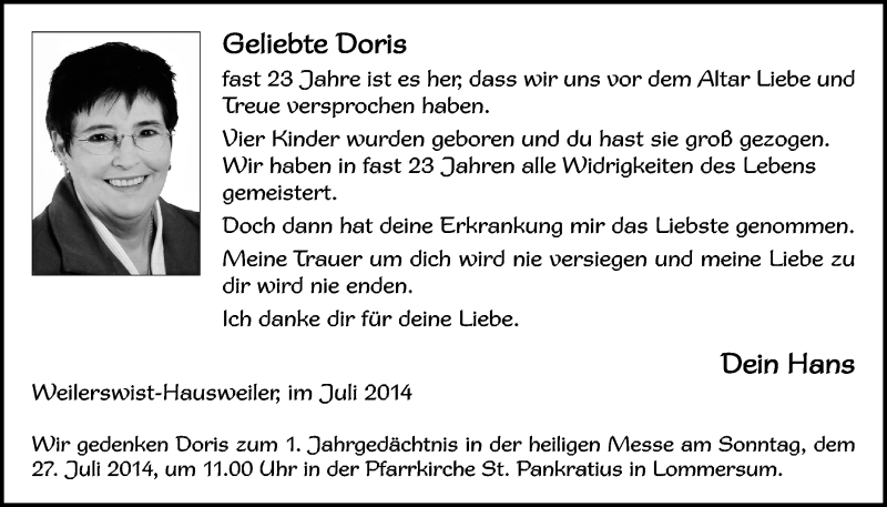  Traueranzeige für Doris  vom 20.07.2014 aus  Blickpunkt Euskirchen 