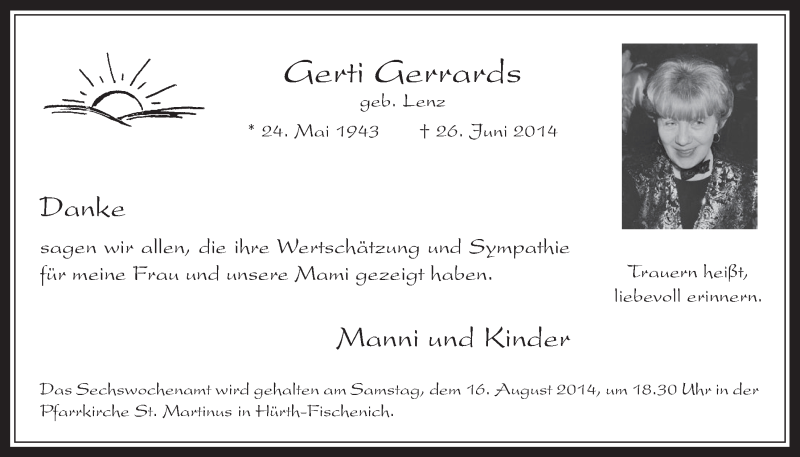  Traueranzeige für Gerti Gerrards vom 06.08.2014 aus  Wochenende 