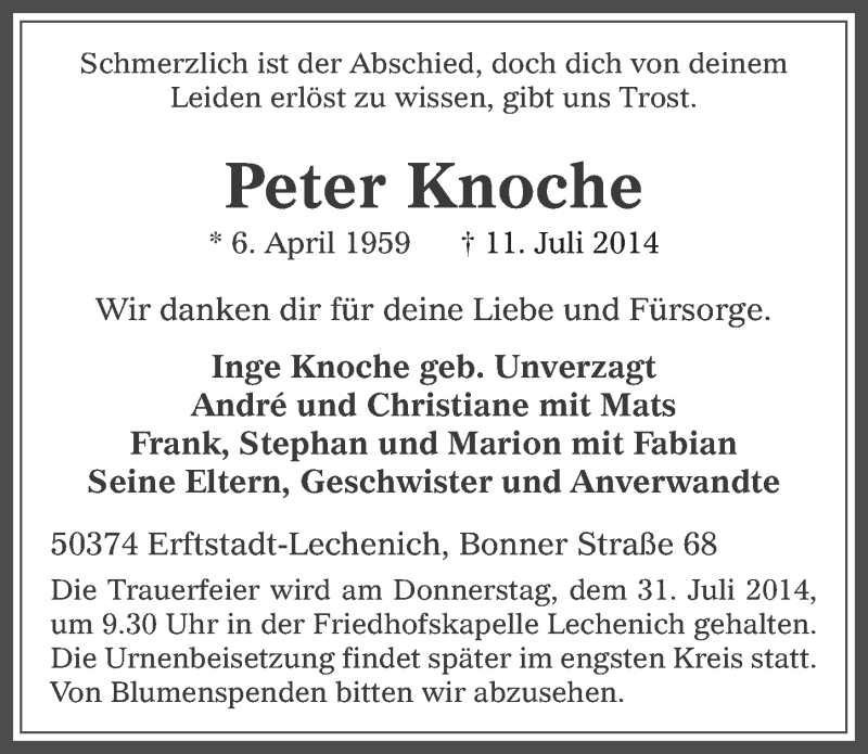  Traueranzeige für Peter Knoche vom 23.07.2014 aus  Werbepost 
