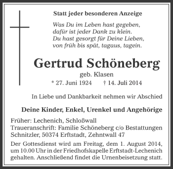 Anzeige von Gertrud Schöneberg von  Werbepost 