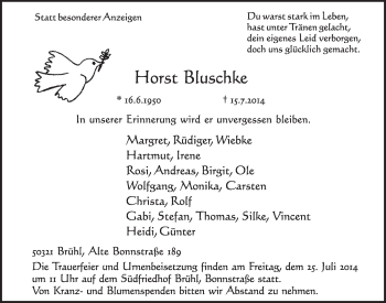Anzeige von Horst Bluschke von  Schlossbote/Werbekurier 