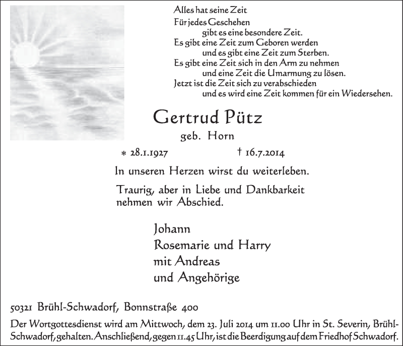  Traueranzeige für Gertrud Pütz vom 23.07.2014 aus  Schlossbote/Werbekurier 
