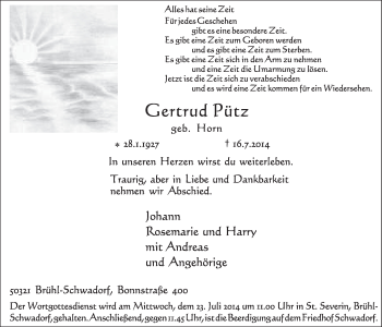 Anzeige von Gertrud Pütz von  Schlossbote/Werbekurier 