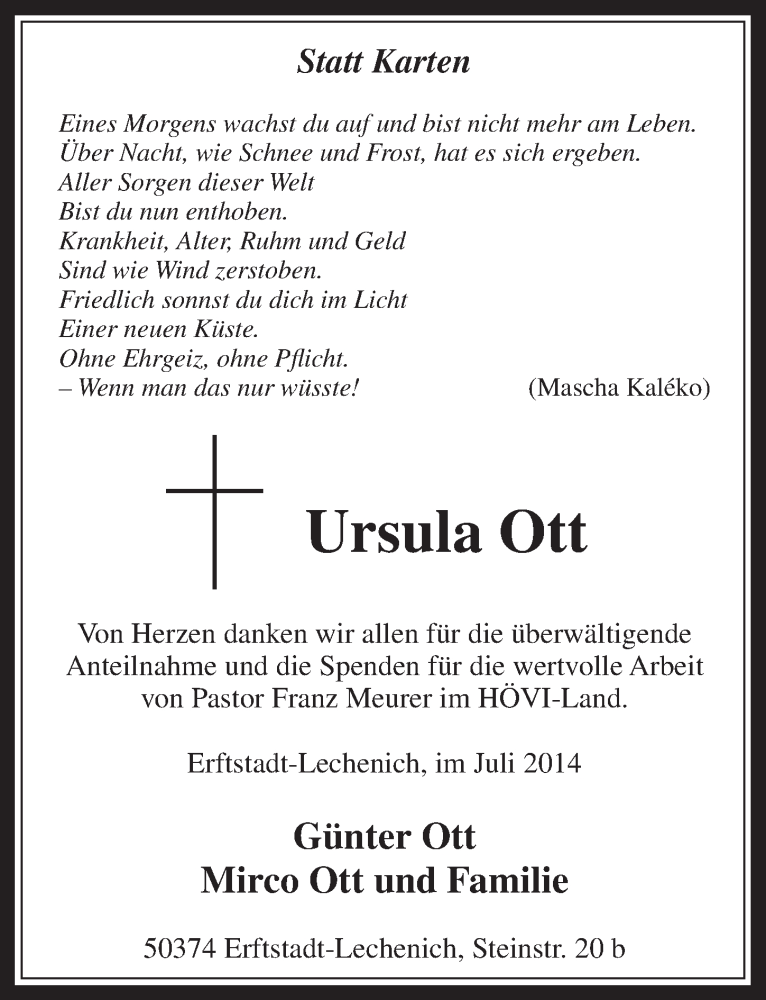 Traueranzeige für Ursula Ott vom 26.07.2014 aus  Sonntags-Post 