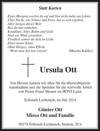 Anzeige von Ursula Ott von  Sonntags-Post 