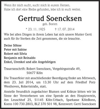 Anzeige von Gertrud Soencksen von  Kölner Wochenspiegel 