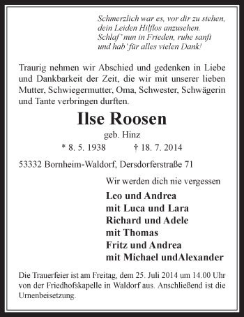 Anzeige von Ilse Roosen von  Schaufenster/Blickpunkt 