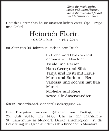 Anzeige von Heinrich Florin von  Extra Blatt 