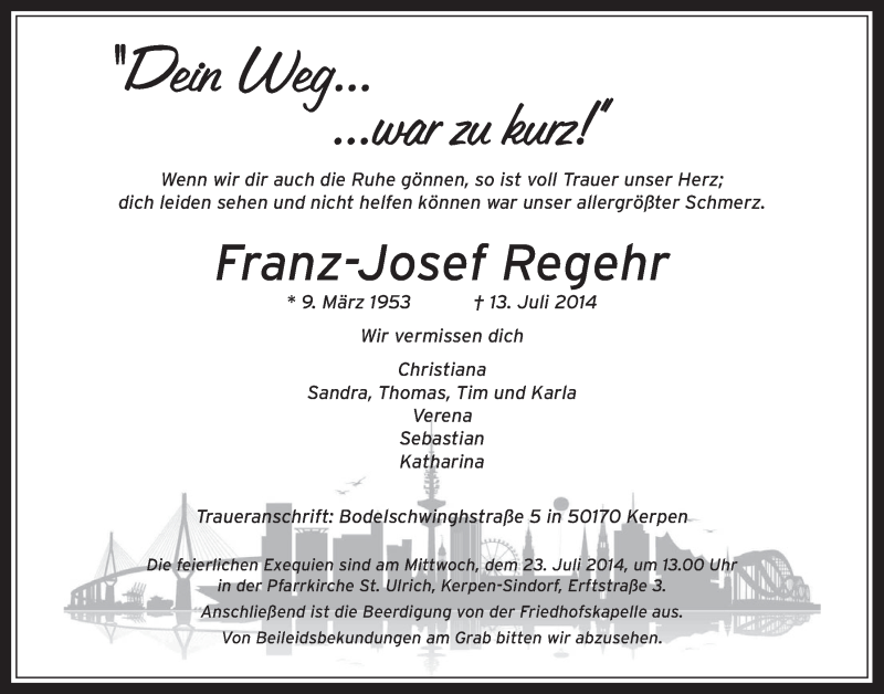  Traueranzeige für Franz-Josef Regehr vom 23.07.2014 aus  Werbepost 