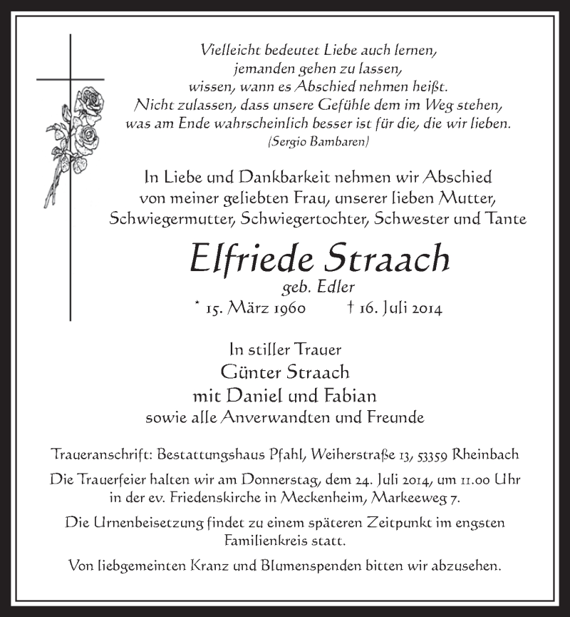  Traueranzeige für Elfriede Straach vom 23.07.2014 aus  Schaufenster/Blickpunkt 