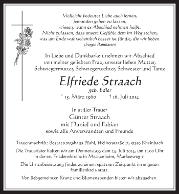 Anzeige von Elfriede Straach von  Schaufenster/Blickpunkt 